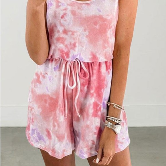 Kelsey Tie Dye Drawstring Romper Pink - Picture 3 of 3
